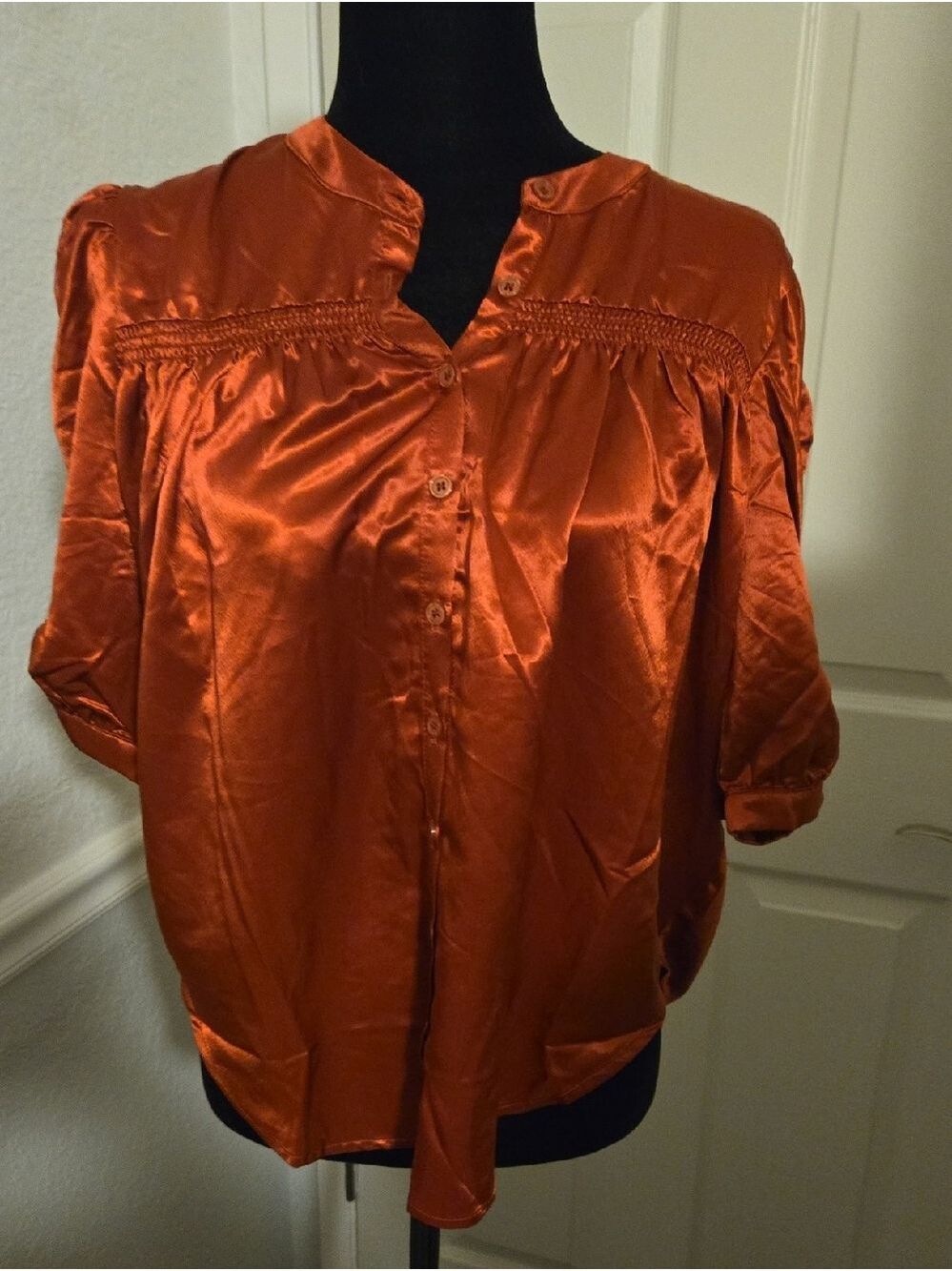 #0309 bishop + young Burnt Orange Satin Button‑Front Blouse